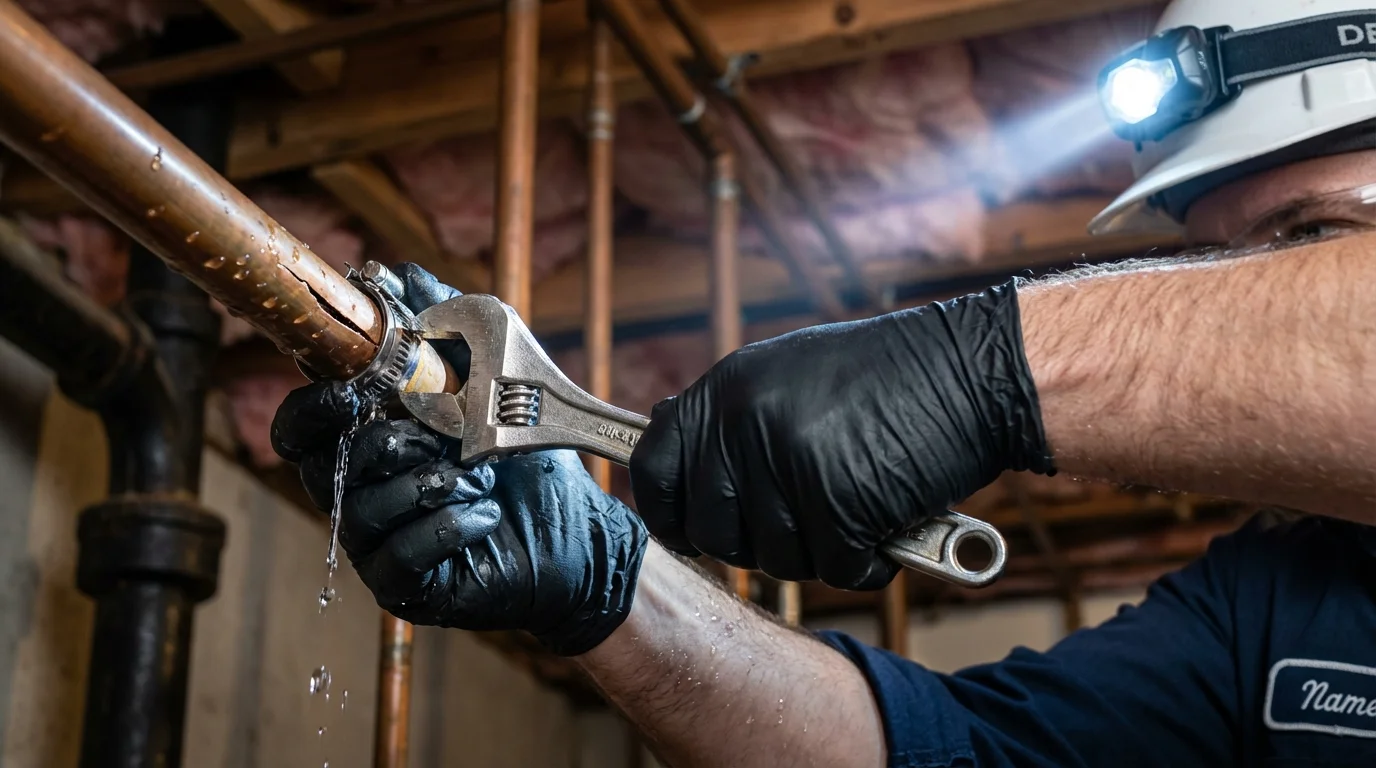 Emergency pipe clamp repair being performed by a Johns Plumbing LLC plumber in Enon