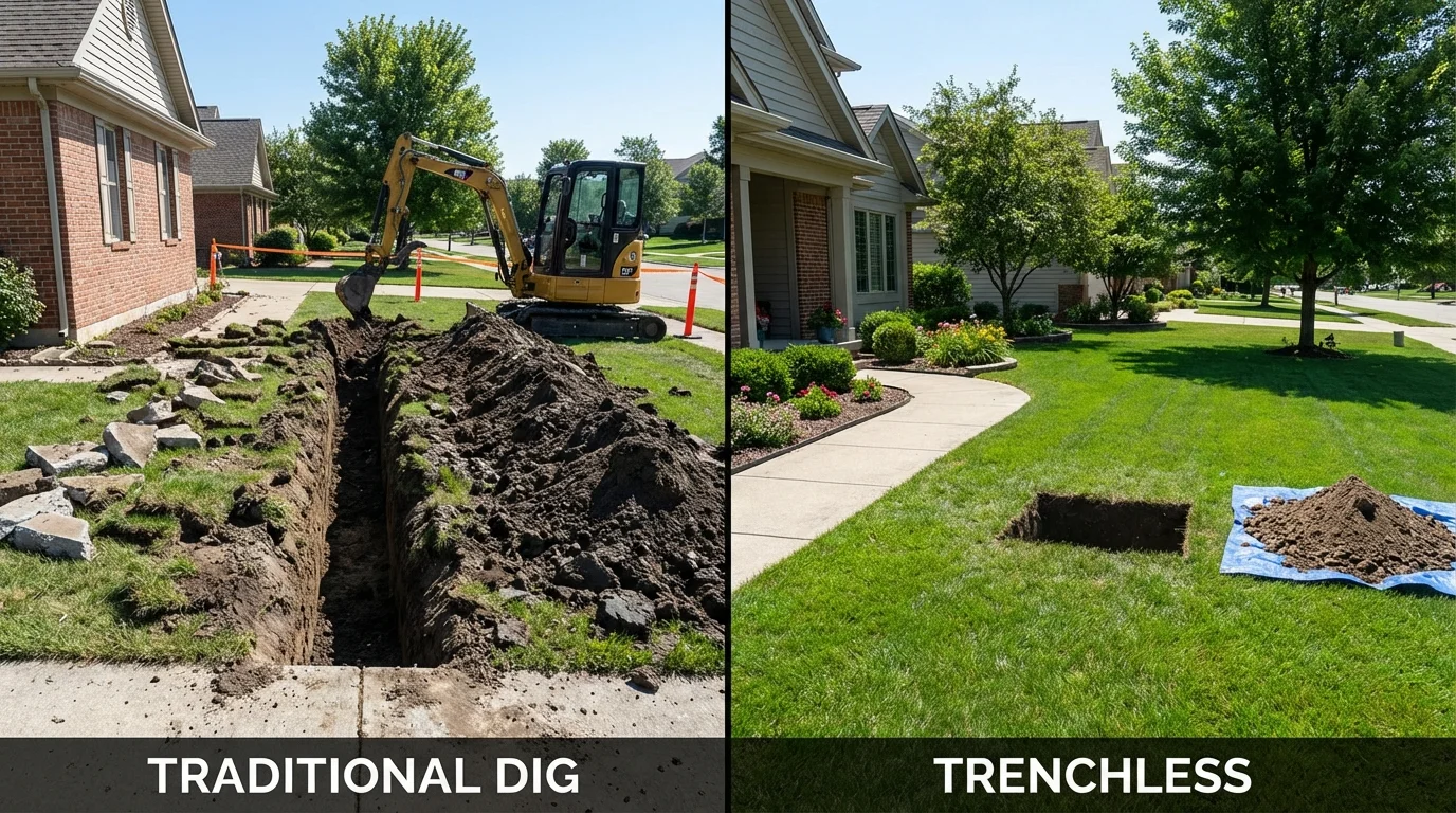 Trenchless sewer repair with minimal yard damage versus traditional excavation in Enon, OH