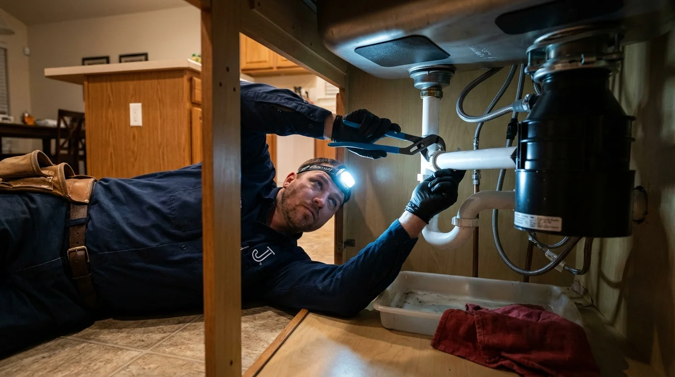 P-trap and supply line connections under a kitchen sink showing a common leak point in Enon, OH